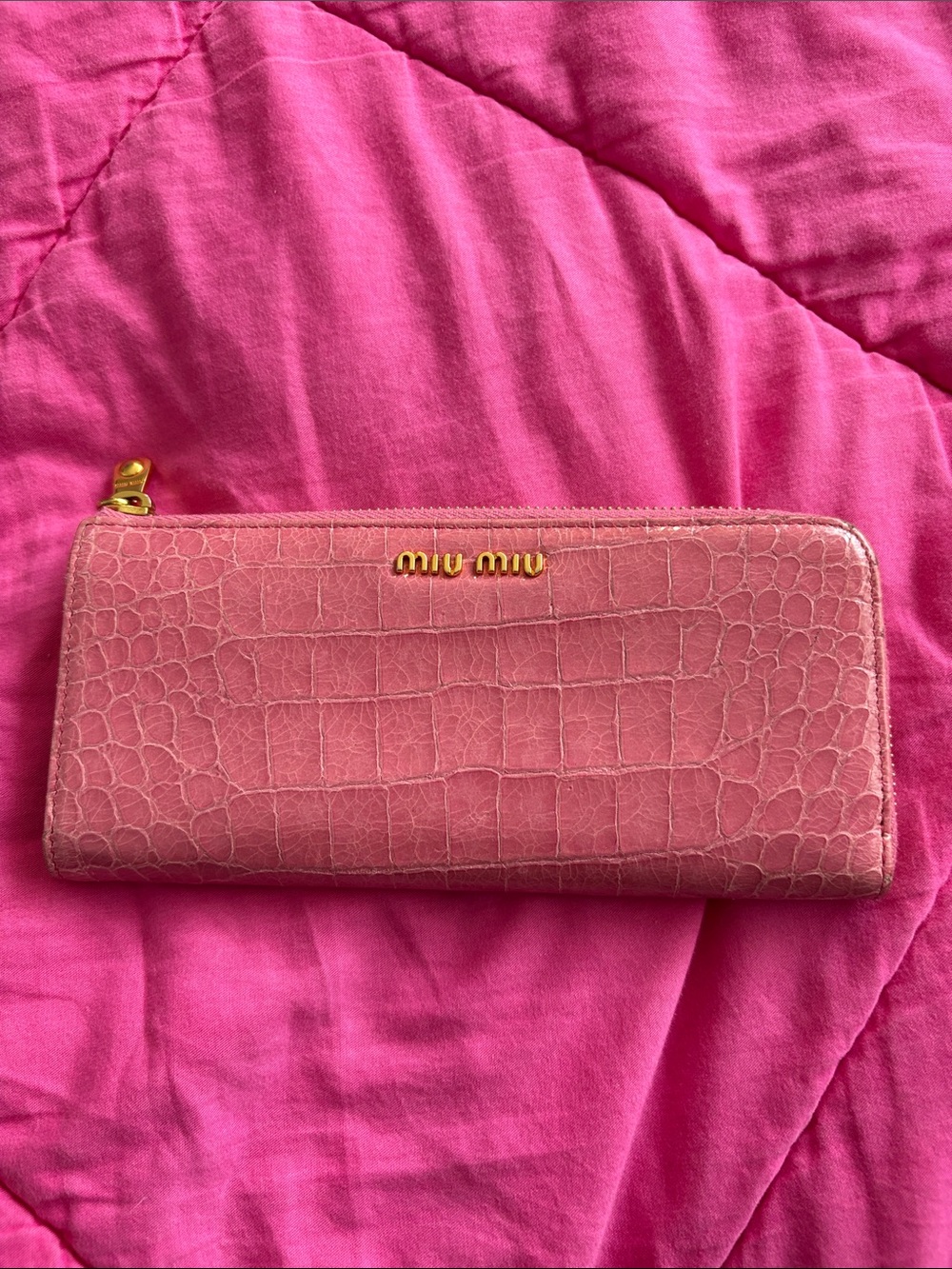 Miu Miu Croc-Embossed Pink Zip Wallet with Gold Hardware